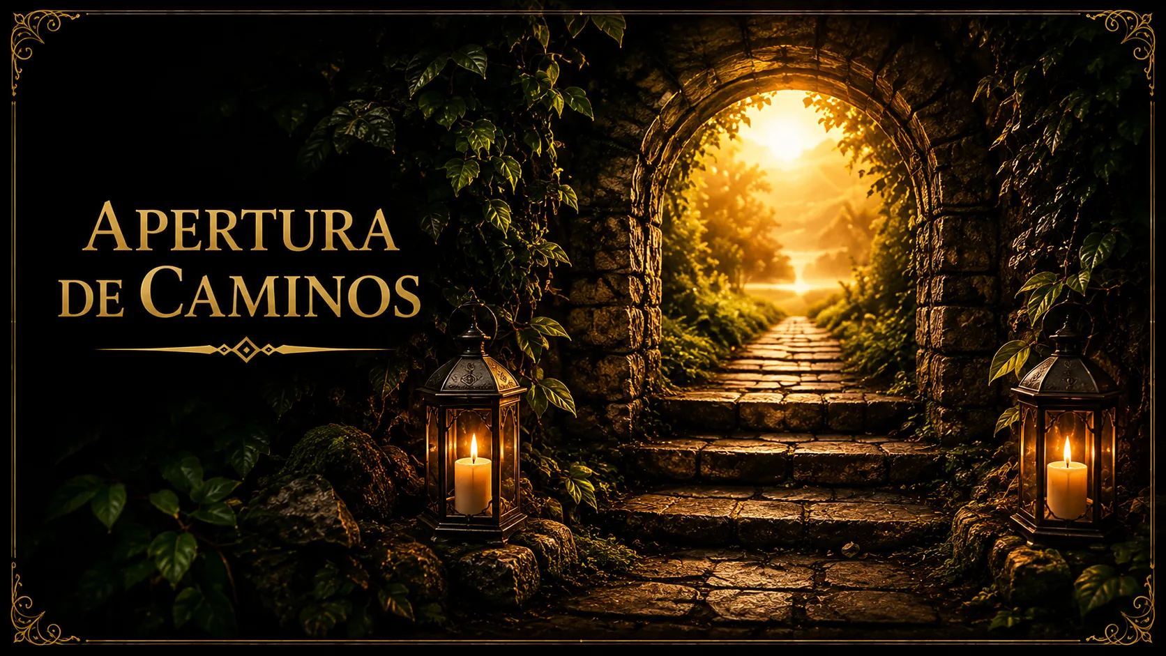 Sendero de piedra iluminado hacia la luz, ambientación de Origen Ancestral