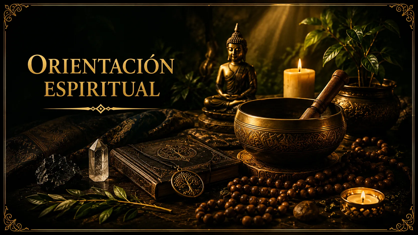 Espacio de meditación con cojín, cuenco tibetano y vela, ambientación de Origen Ancestral